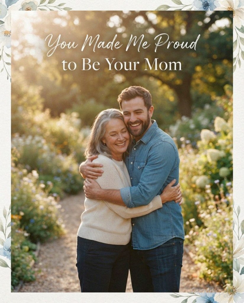 Loving National Sons Day wish from Mom showing a mother and son embracing at sunset with the text 