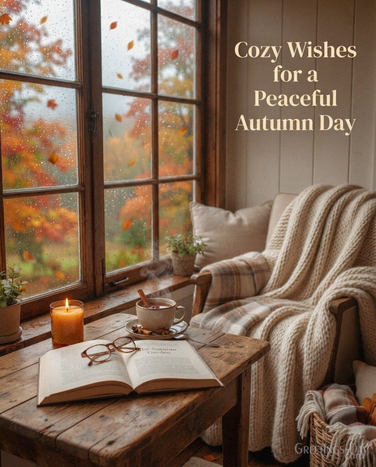 Inspirational autumn morning image with sunrise over a peaceful lake featuring “Good Morning