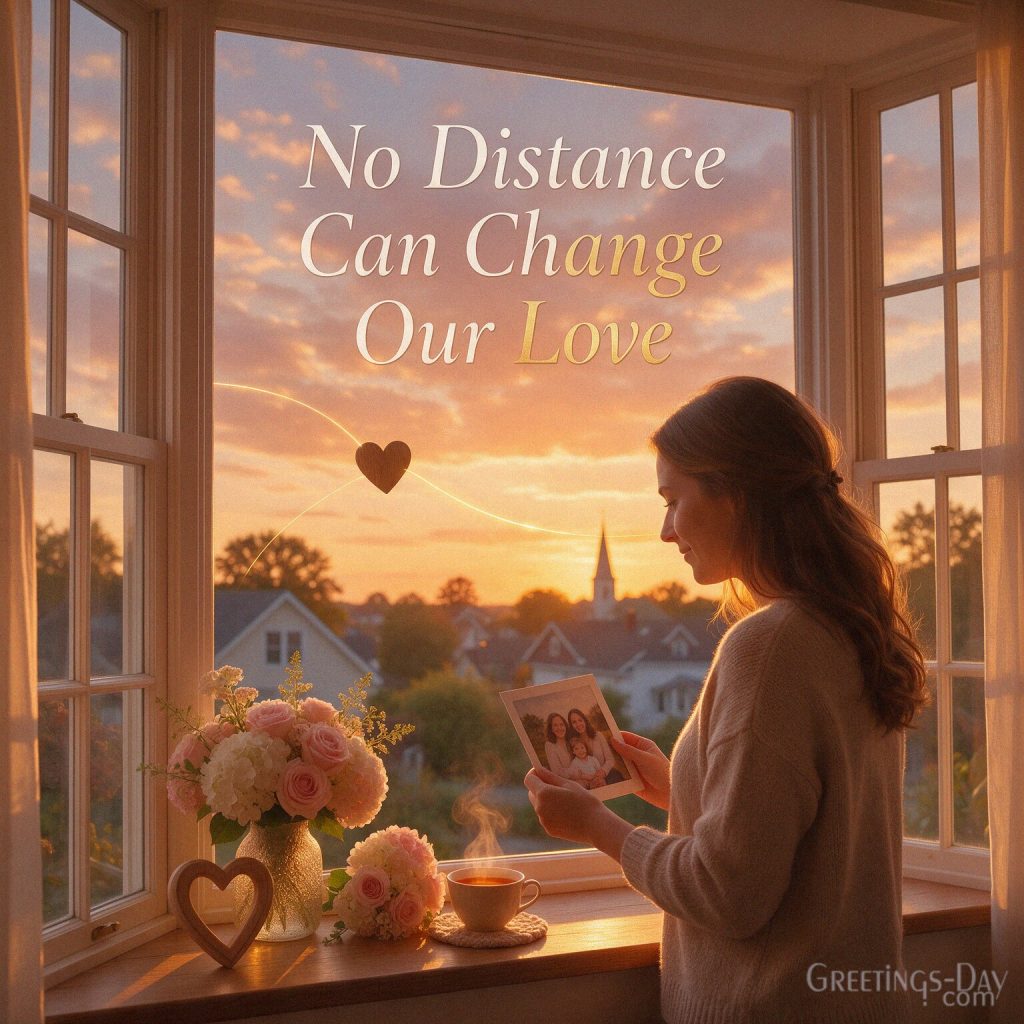 Long-distance National Daughters Day message reading “No Distance Can Change Our Love” with a daughter holding a family photo. with the text 