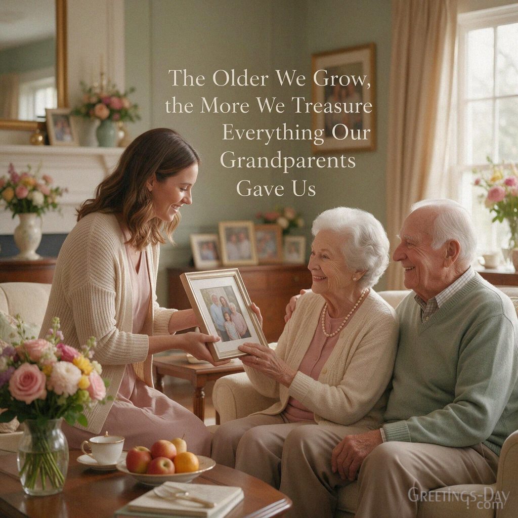 Thankful Grandparents Day quote with an adult granddaughter visiting her grandparents and “The Older We Grow