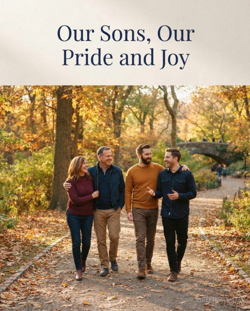 National Sons Day family picture for multiple sons with the message Our Sons