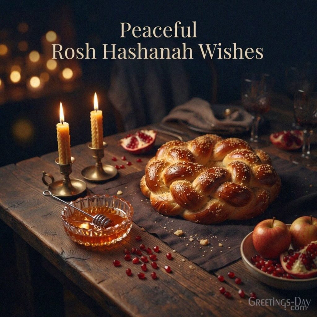 Peaceful Rosh Hashanah wishes image with round challah