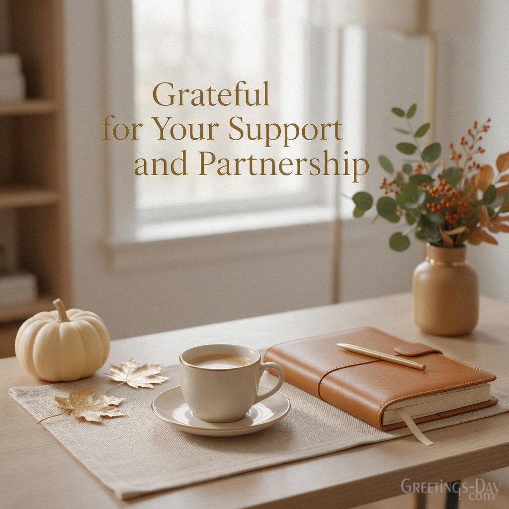 Professional Thanksgiving message for clients and coworkers featuring “Grateful for Your Support and Partnership” with elegant fall office decor with the text