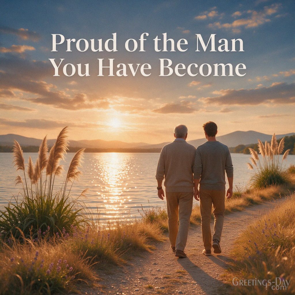 National Sons Day image of a father and adult son with the message Proud of the Man You Have Become with the text