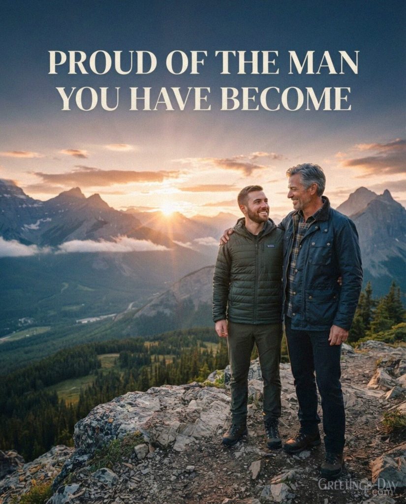 Proud father and adult son image with the message Proud of the Man You Have Become with the text 