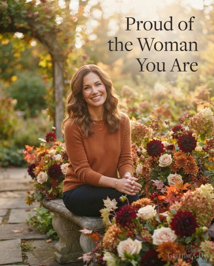 Inspirational message for a grown daughter reading “Proud of the Woman You Are” in a sophisticated floral card design. with the text