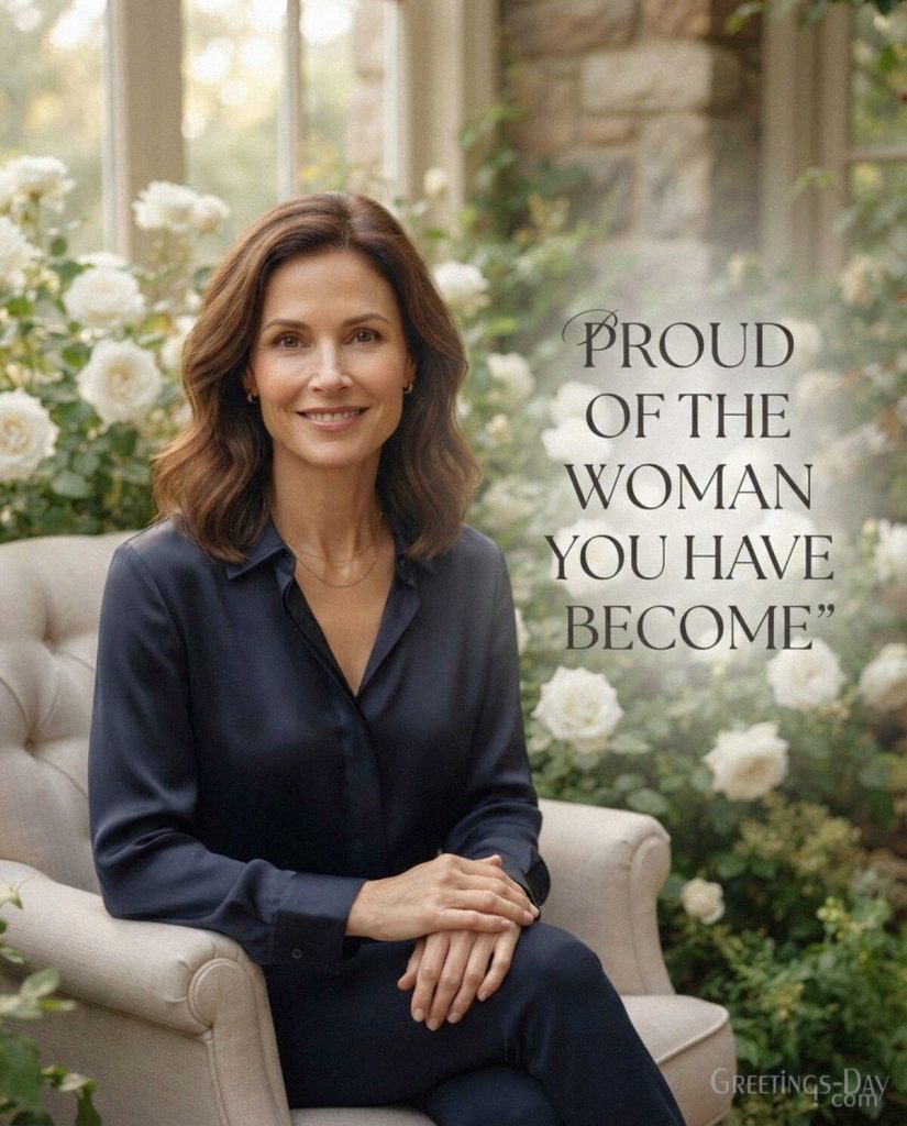 National Daughters Day message for an adult daughter reading “Proud of the Woman You Have Become” with an elegant portrait. with the text 