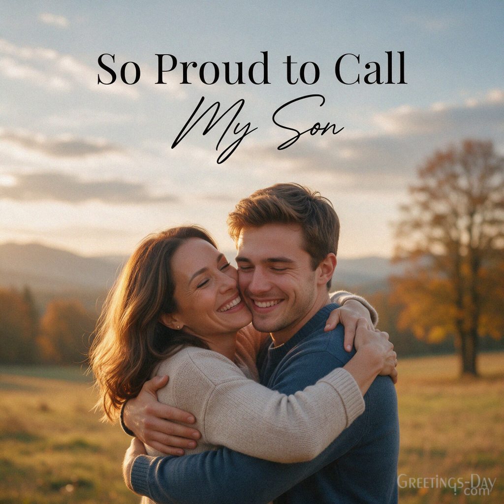 Proud mom embracing her grown son with the message So Proud to Call You My Son with the text