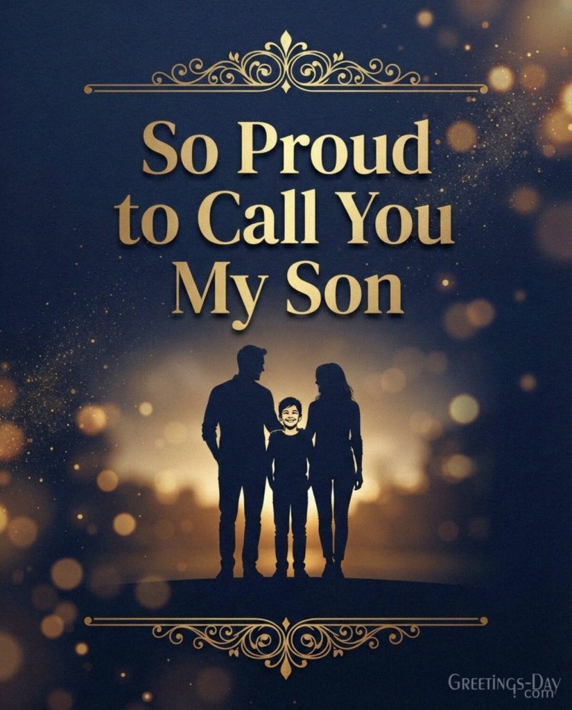 Navy and gold National Sons Day image with parents and son and the words So Proud to Call You My Son with the text 