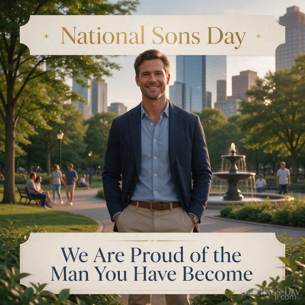 Elegant National Sons Day image for an adult son with the message We Are Proud of the Man You Have Become with the text