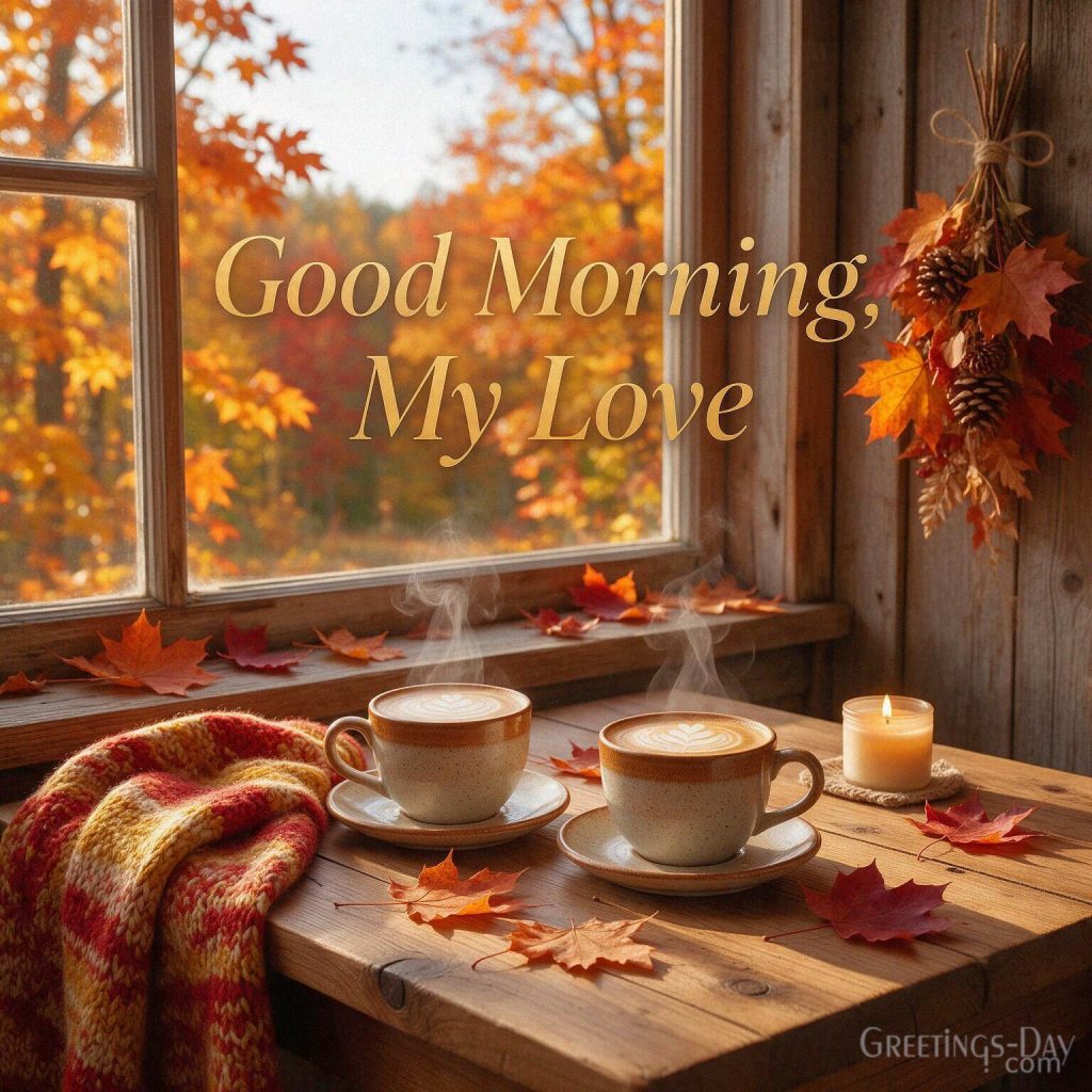 Romantic Good Morning Fall image with two steaming coffee cups