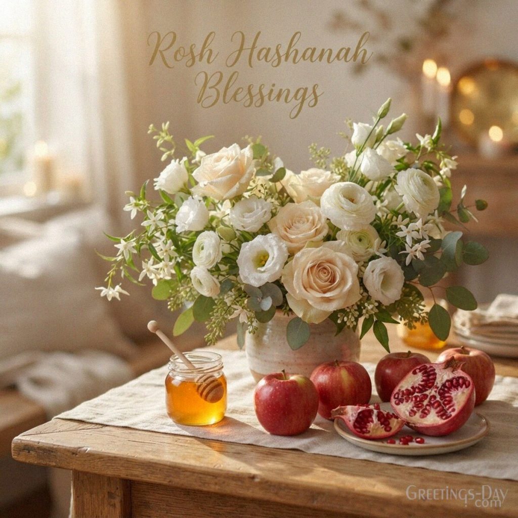 Rosh Hashanah blessings image with elegant flowers