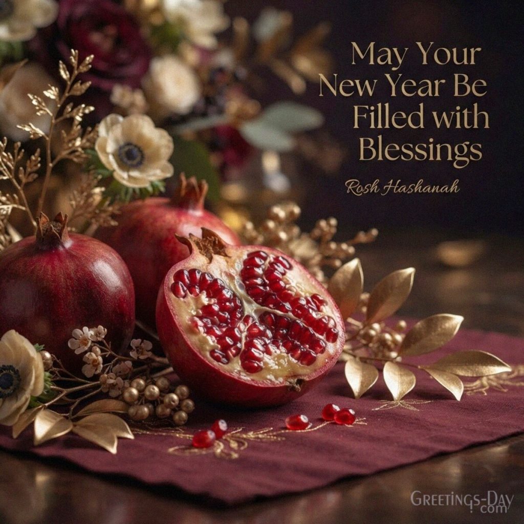Rosh Hashanah blessings card featuring pomegranates and the heartfelt message “May Your New Year Be Filled with Blessings.” with the text 