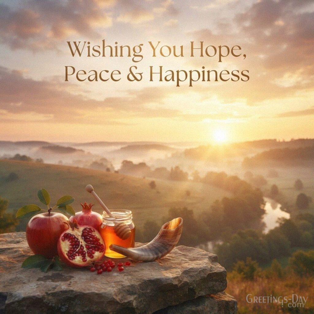 Rosh Hashanah image with a golden sunrise and traditional Jewish New Year symbols featuring wishes for hope