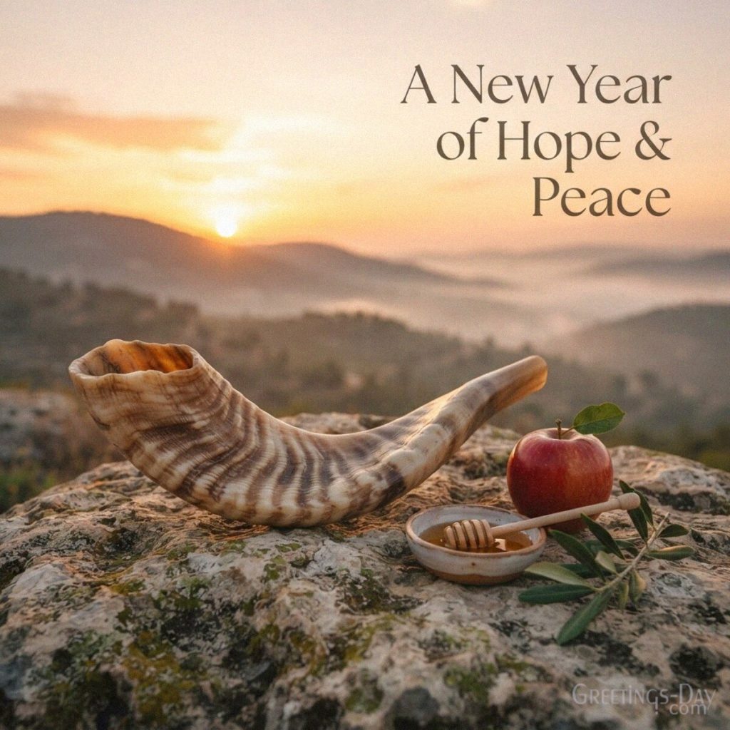 Rosh Hashanah image with a shofar at sunrise featuring the inspirational message “A New Year of Hope & Peace.” with the text