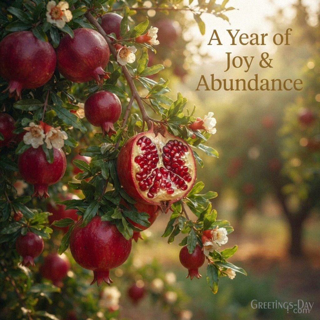 Rosh Hashanah image with ripe pomegranates featuring the uplifting Jewish New Year message “A Year of Joy & Abundance.” with the text