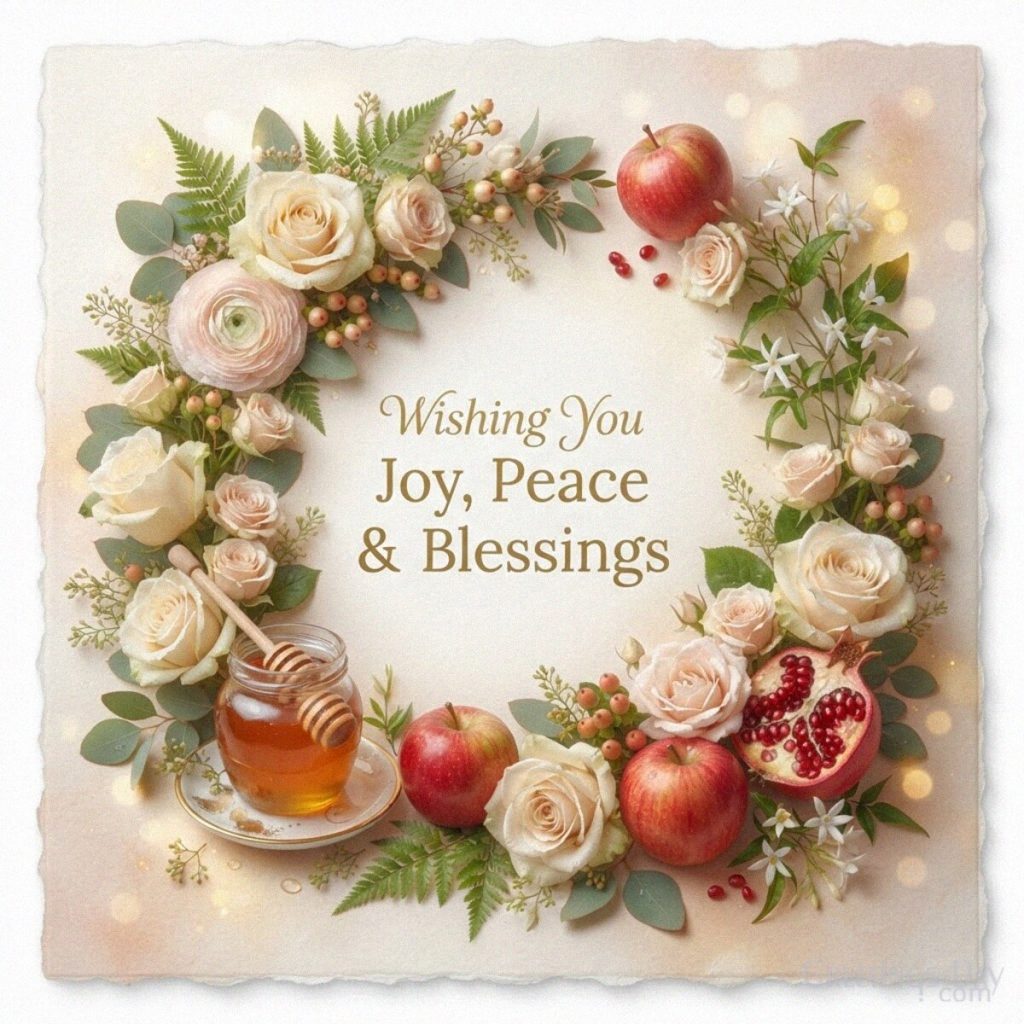 Rosh Hashanah blessings card with elegant flowers and traditional symbols featuring the wish “Joy