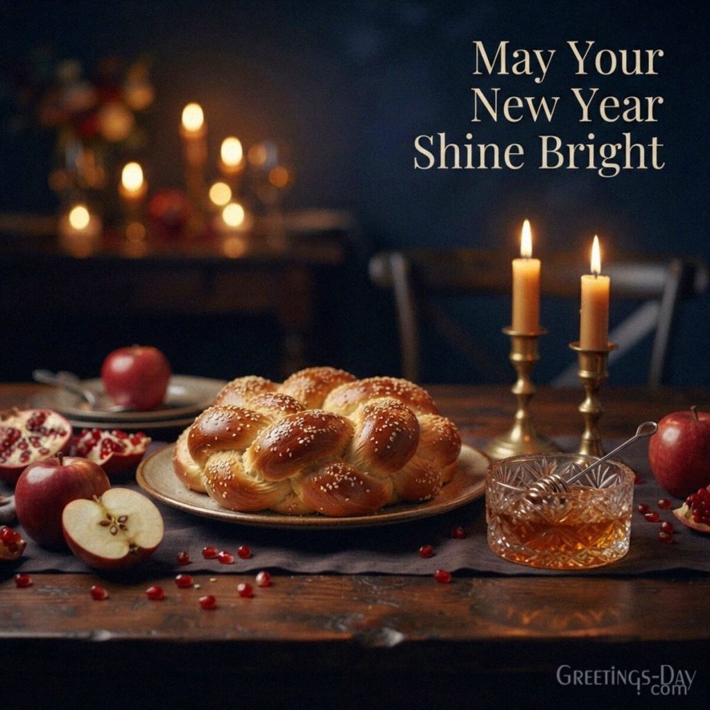 Rosh Hashanah image with glowing candles and challah featuring the Jewish New Year wish “May Your New Year Shine Bright.” with the text 