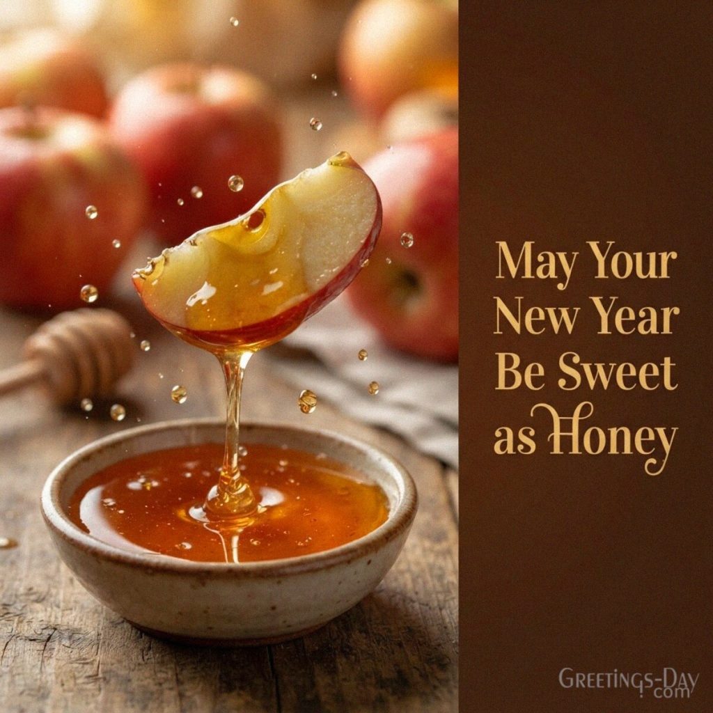Sweet Rosh Hashanah wishes with an apple dipped in golden honey featuring “May Your New Year Be Sweet as Honey.” with the text