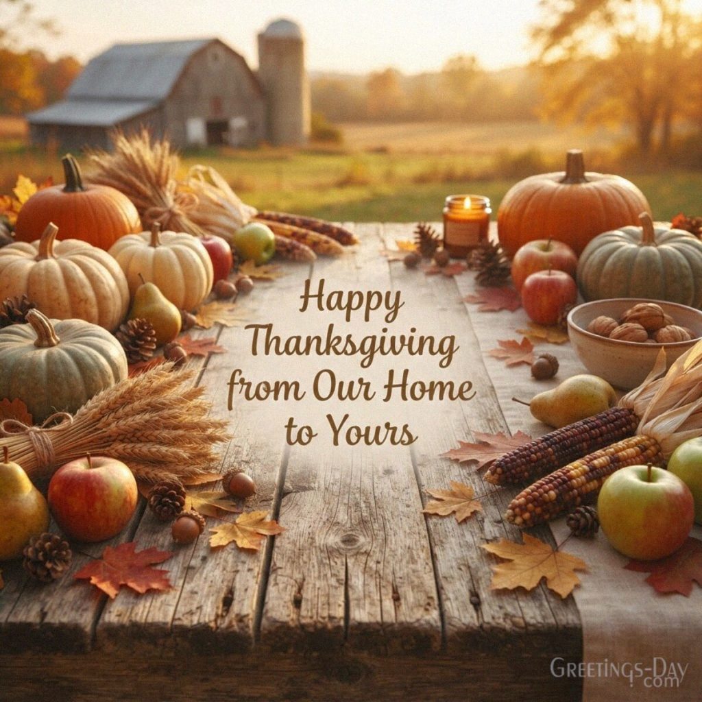 Rustic Thanksgiving card with heirloom pumpkins and a golden fall harvest featuring “Happy Thanksgiving from Our Home to Yours” with the text 