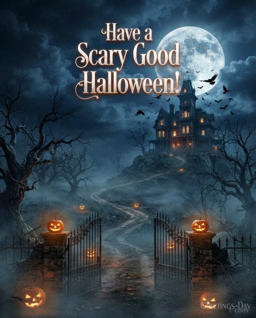 Have a Scary Good Halloween card featuring haunted mansion