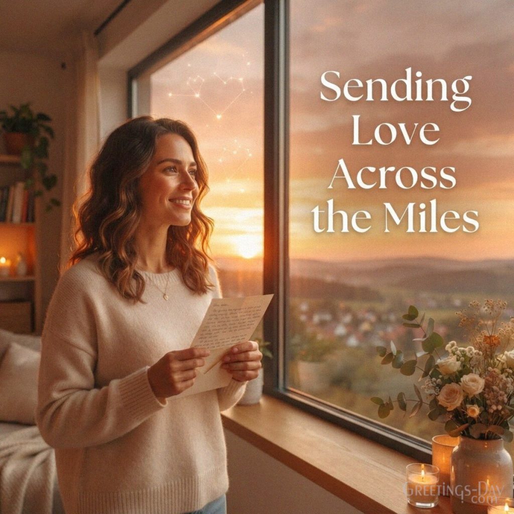 Long-distance daughter message reading “Sending Love Across the Miles” with a heartfelt letter and warm sunset glow. with the text 