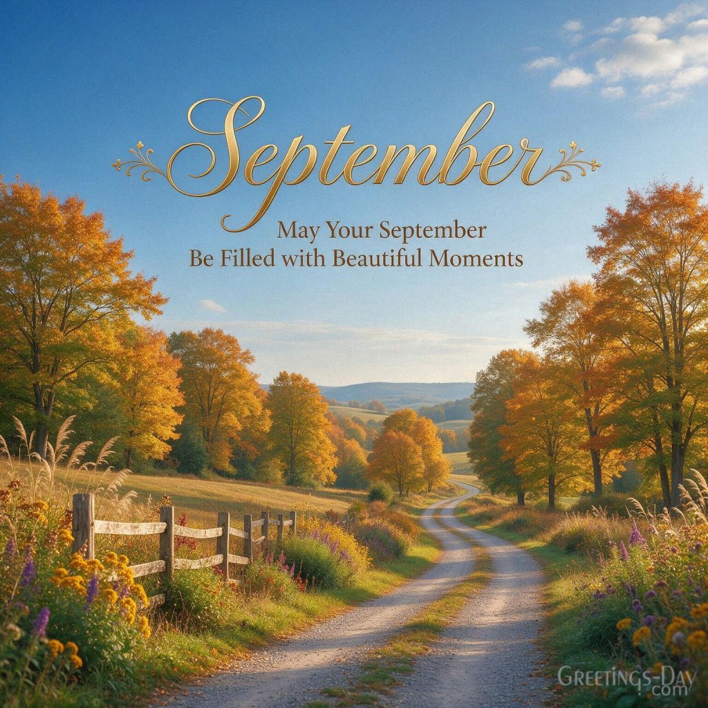 September fall image with golden autumn scenery and the wish “May Your September Be Filled with Beautiful Moments” with the text