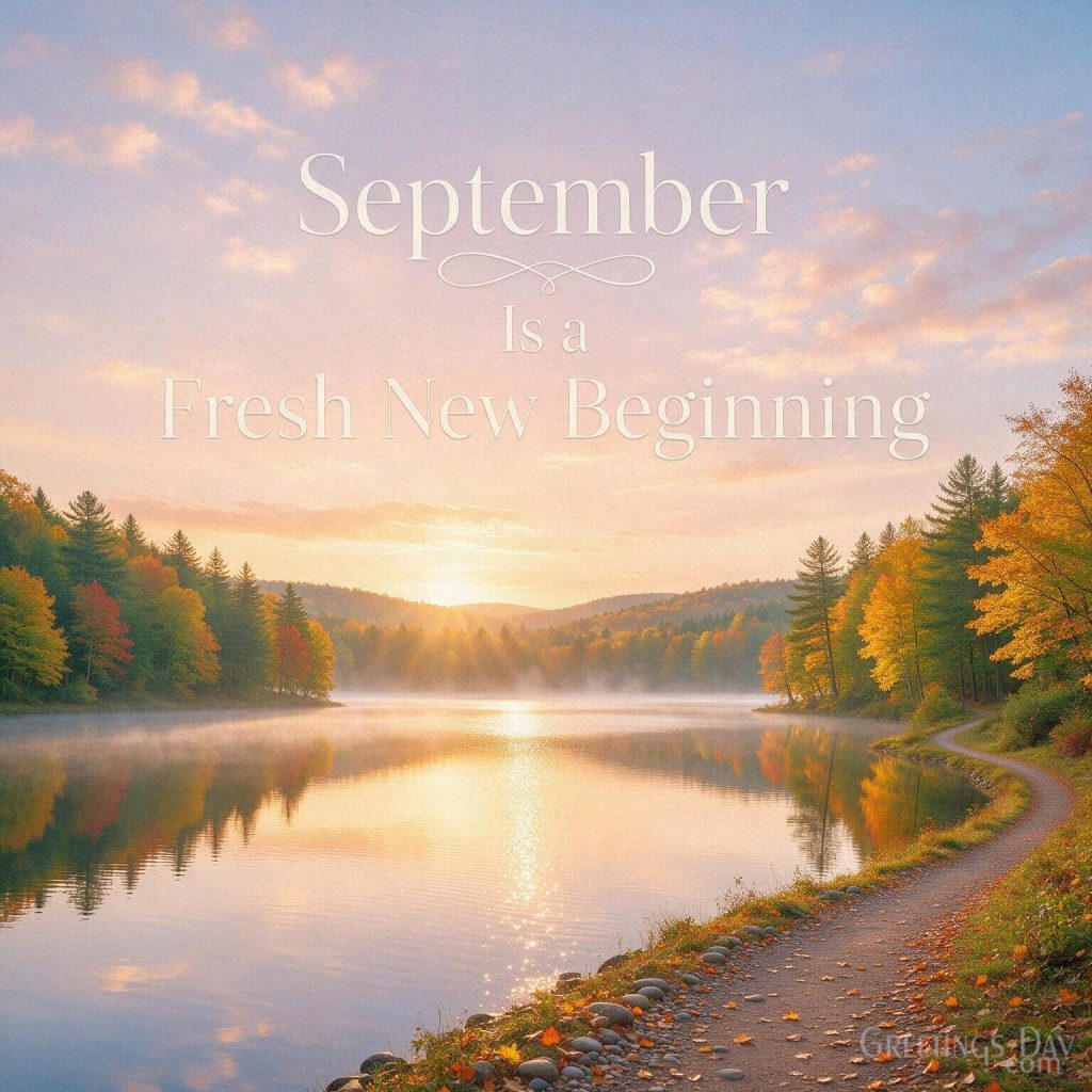Inspirational September image of a peaceful autumn lake at sunrise featuring “September Is a Fresh New Beginning” with the text 