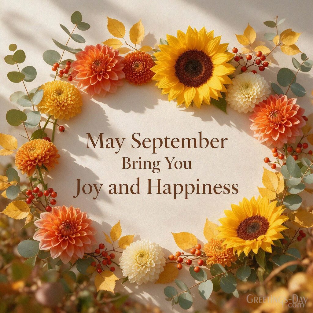 September greeting with sunflowers and autumn flowers featuring “May September Bring You Joy and Happiness” with the text 
