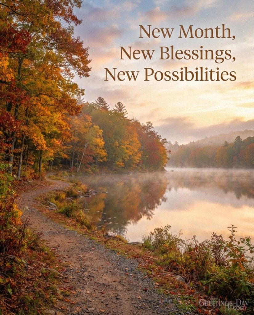 Inspirational September picture with a misty fall lake and the message “New Month