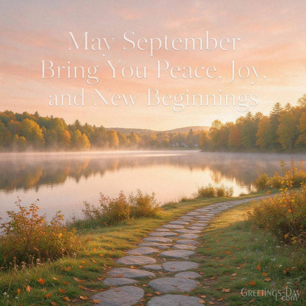Beautiful September nature image with golden trees and the wish “May September Bring You Peace