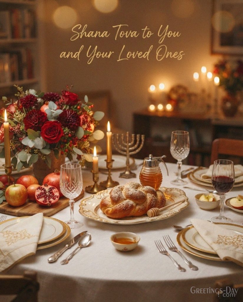 Shana Tova greeting card with a festive Jewish New Year table and the message “Shana Tova to You and Your Loved Ones.” with the text 