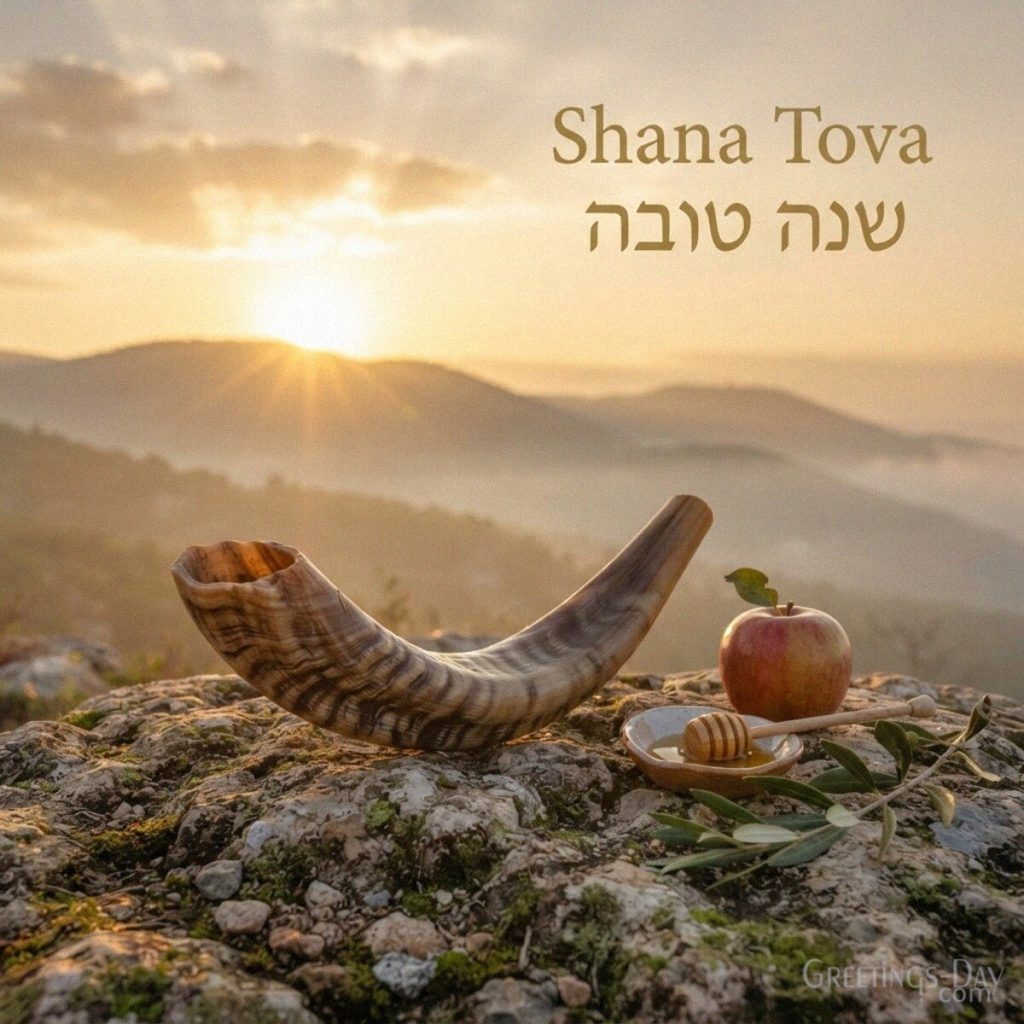 Traditional Shana Tova image with a shofar at golden sunrise symbolizing reflection