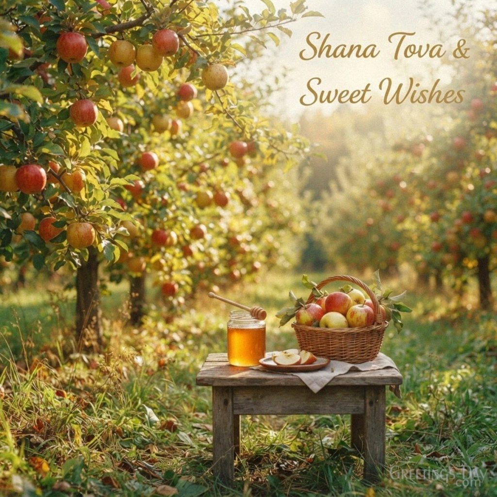 Shana Tova image with a sunlit apple orchard and golden honey featuring warm and sweet Jewish New Year wishes. with the text 