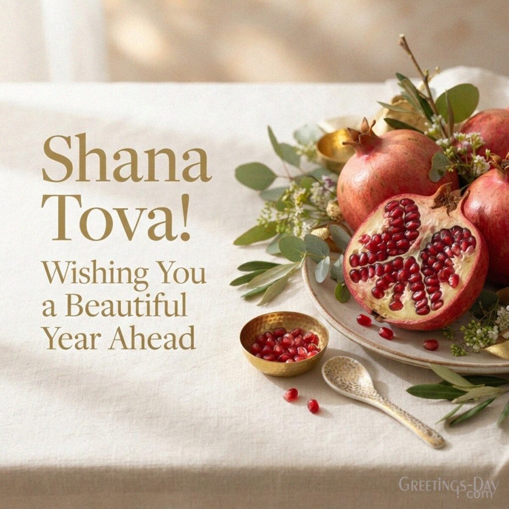 Shana Tova wishes with ruby-red pomegranates and gold accents featuring a beautiful Jewish New Year message. with the text