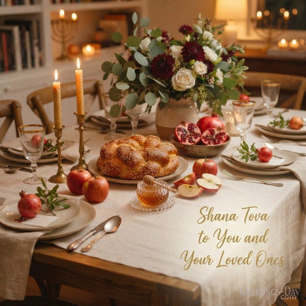 Shana Tova wishes for loved ones with a festive Rosh Hashanah table