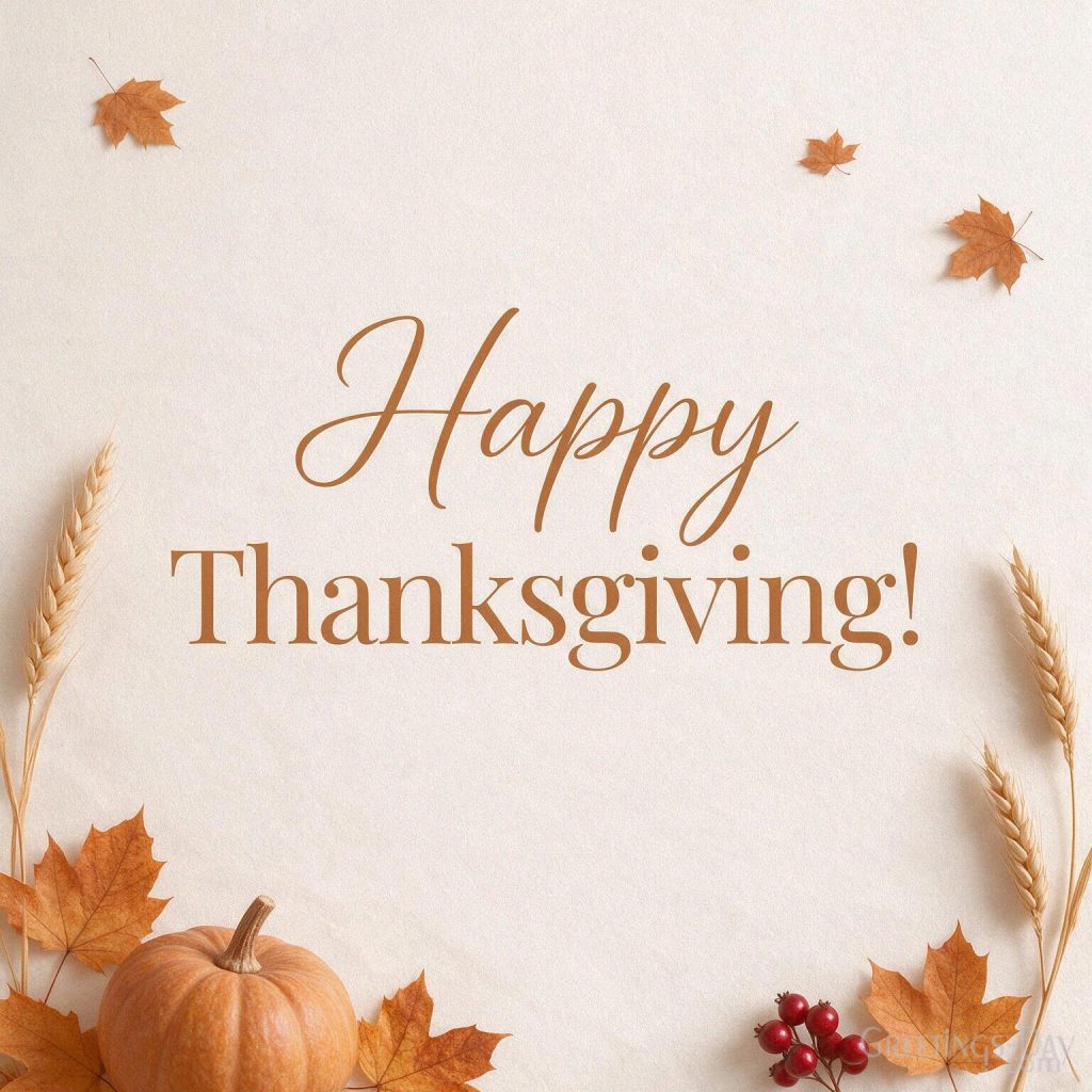 Short Happy Thanksgiving wishes with a minimalist pumpkin and golden autumn leaves featuring “Happy Thanksgiving!” with the text 