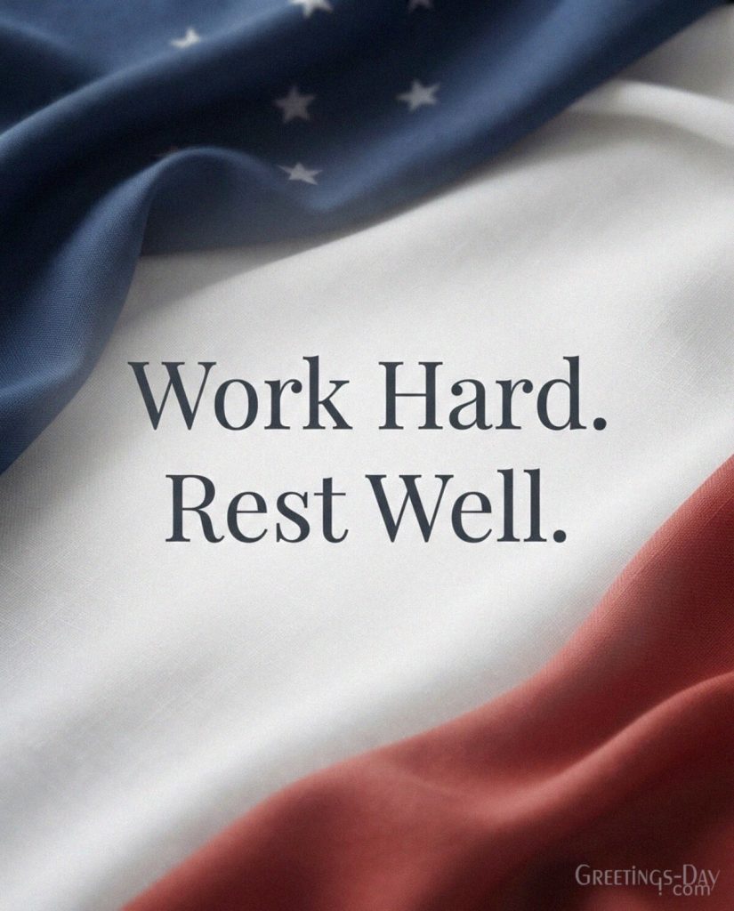 Short inspirational Labor Day saying with American patriotic design featuring “Work Hard. Rest Well.” with the text 