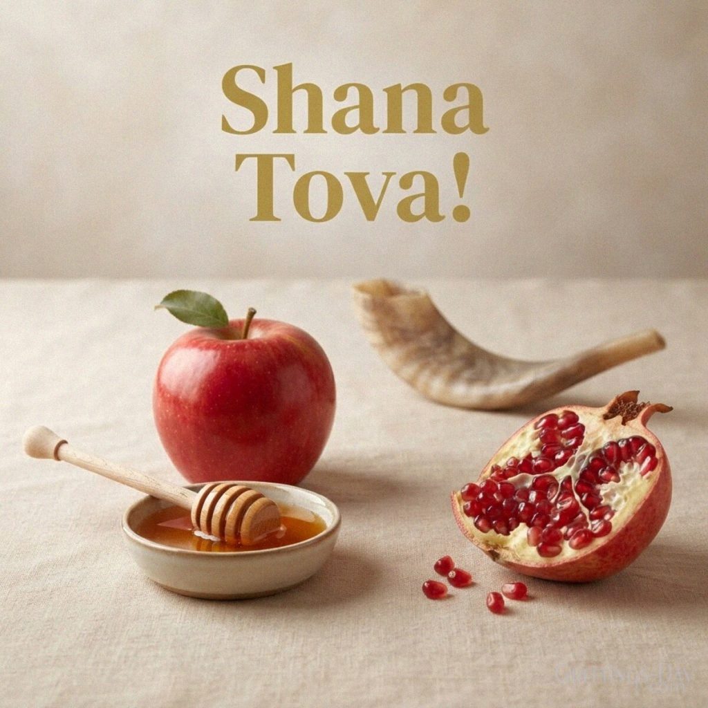 Short Shana Tova wishes image with traditional Jewish New Year symbols in a modern shareable Rosh Hashanah design. with the text 