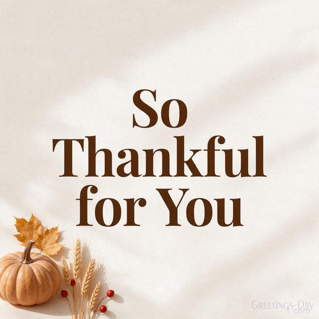 Short Thanksgiving message with minimalist pumpkins and golden leaves featuring “So Thankful for You” with the text 
