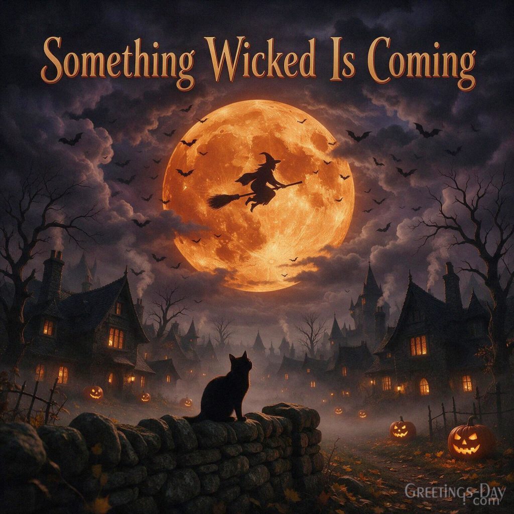 Something Wicked Is Coming scary Halloween image with witch silhouette flying across a huge orange harvest moon with the text 