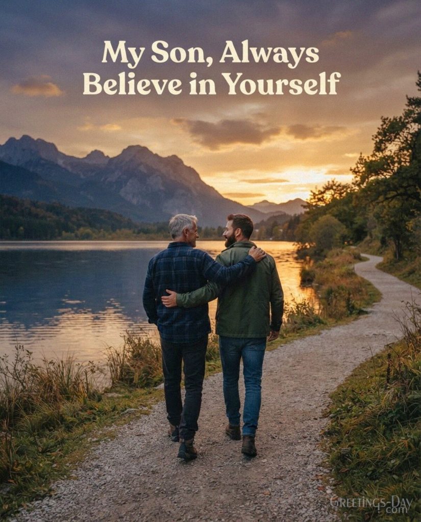Inspirational National Sons Day wish from Dad encouraging his son to always believe in himself with the text 
