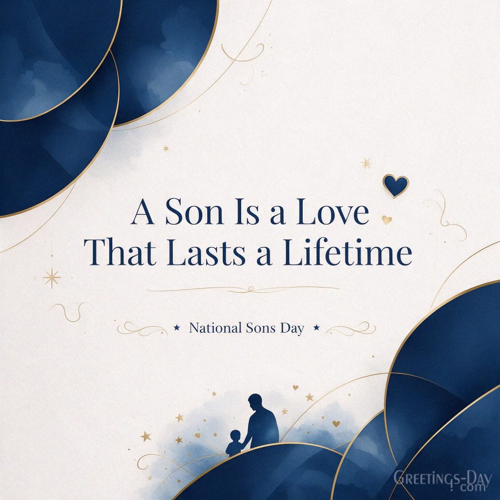 Minimalist National Sons Day card with a parent and son silhouette and the words A Son Is a Love That Lasts a Lifetime with the text 