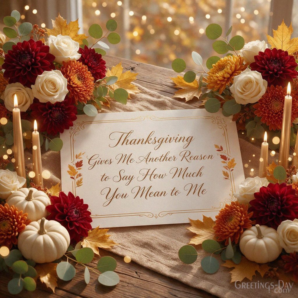 Special Thanksgiving message for a loved one with elegant autumn decor featuring “Thanksgiving Gives Me Another Reason to Say How Much You Mean to Me” with the text 