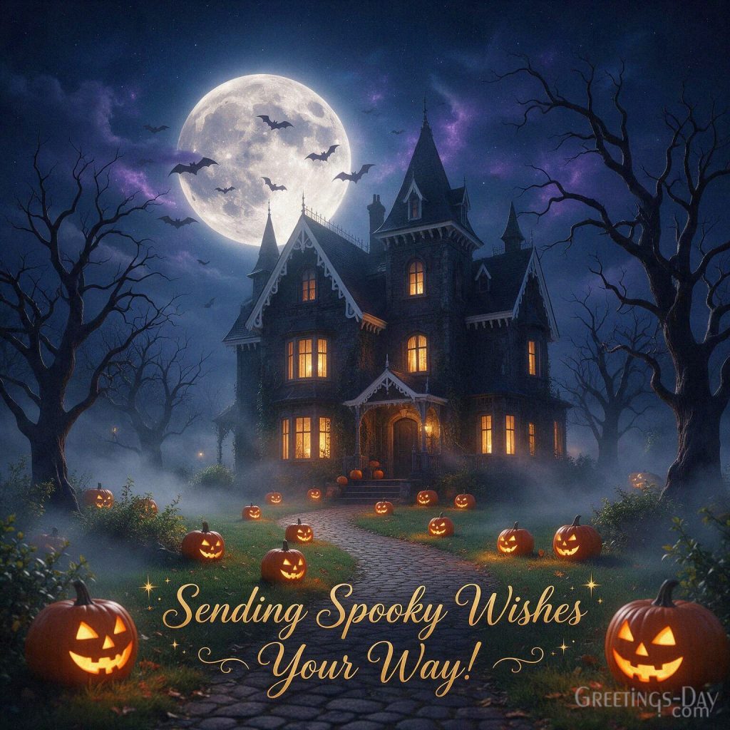 Sending spooky Halloween wishes with a haunted house