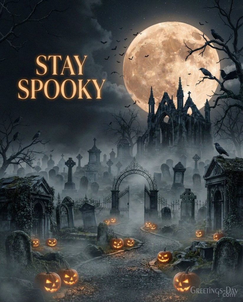 Stay Spooky Halloween image with gothic cemetery