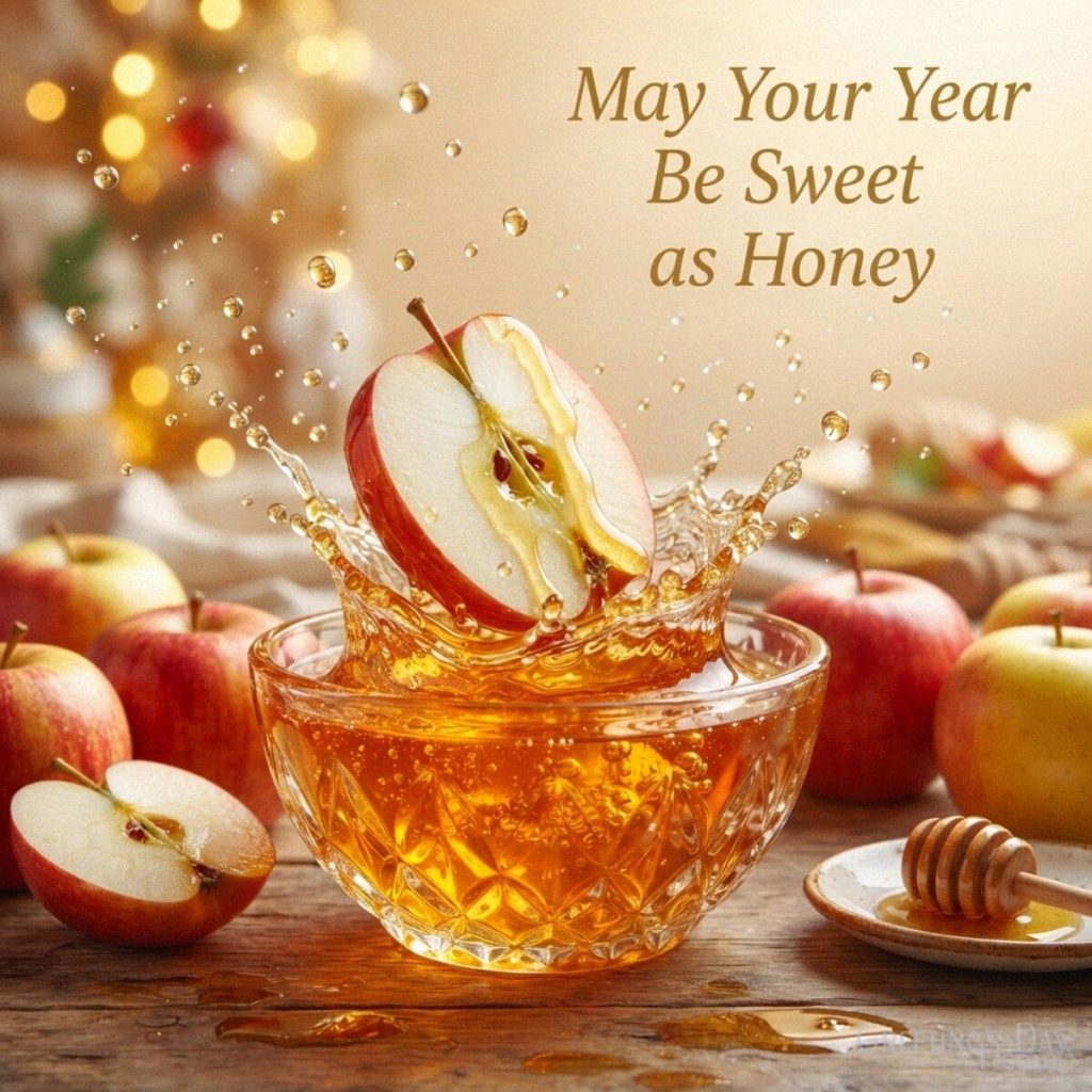 Jewish New Year image with fresh apples and golden honey featuring the Rosh Hashanah wish “May Your Year Be Sweet as Honey.” with the text 