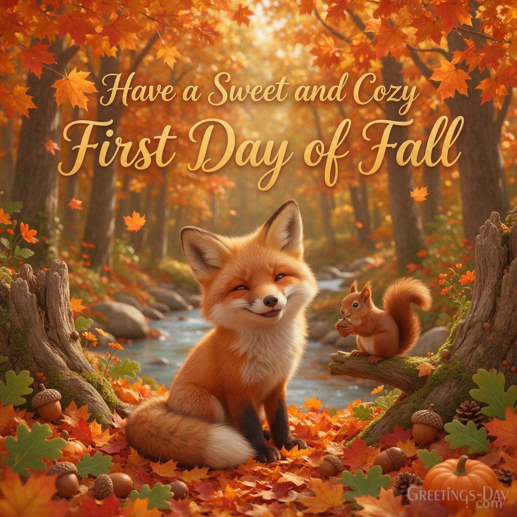 Cute First Day of Fall greeting with woodland animals and pumpkins featuring “Have a Sweet and Cozy First Day of Fall” with the text