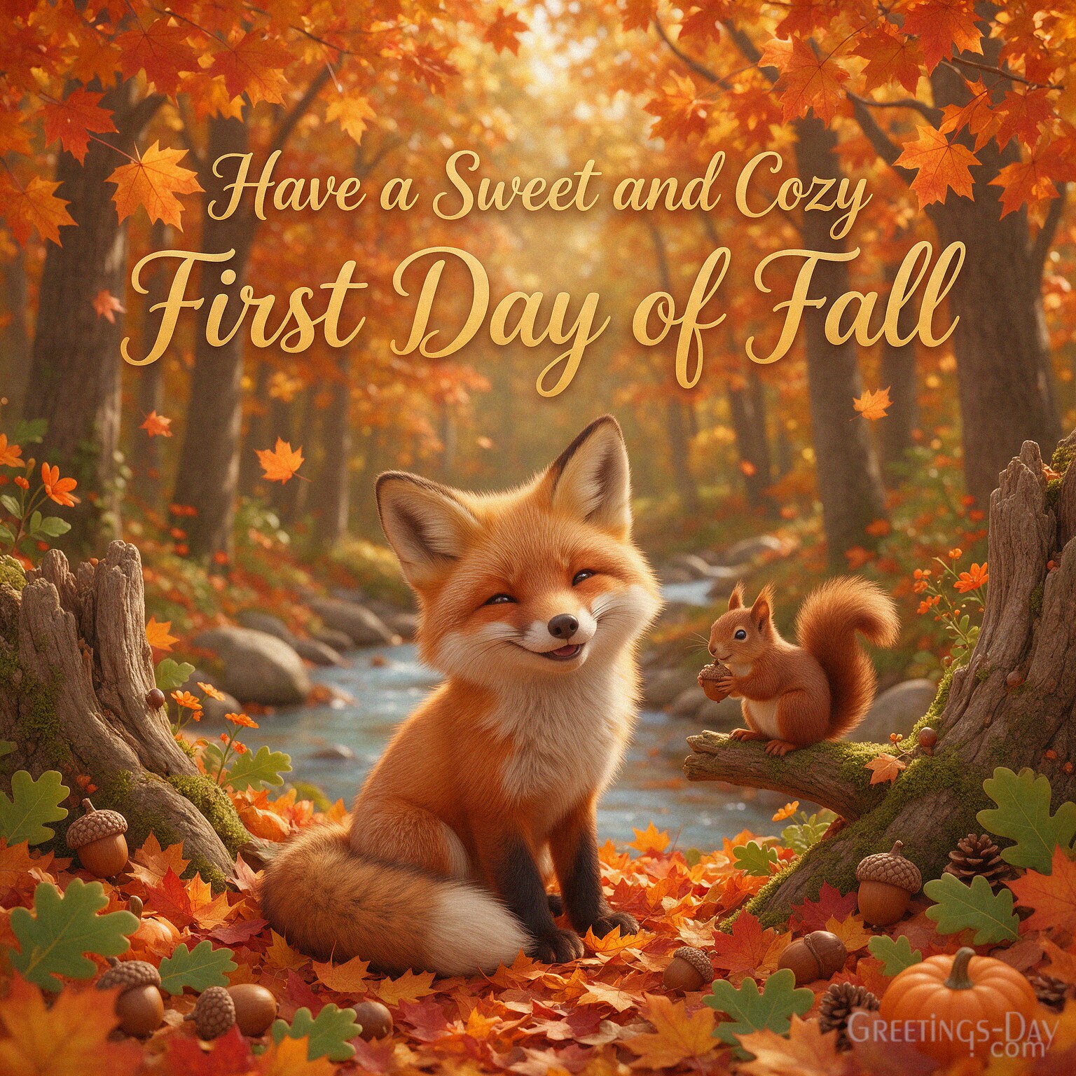 Cute First Day of Fall greeting with woodland animals and pumpkins featuring “Have a Sweet and Cozy First Day of Fall” with the text "Have a Sweet and Cozy First Day of Fall"