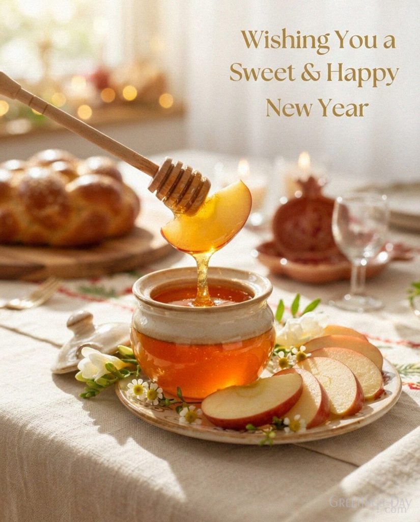 Happy Rosh Hashanah card with fresh apples and glowing honey featuring the message “Wishing You a Sweet & Happy New Year.” with the text